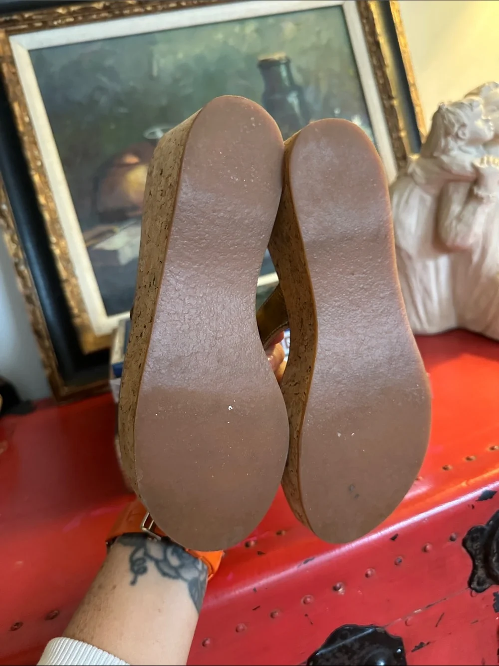 K.Jacques Metallic Gold Cork Platform Wedge Thong Sandals